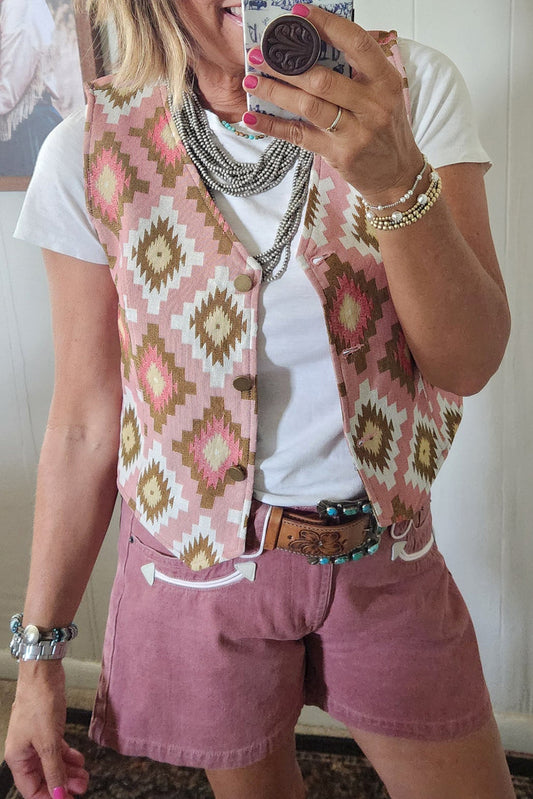 Pink Western Aztec Print Cropped Vest