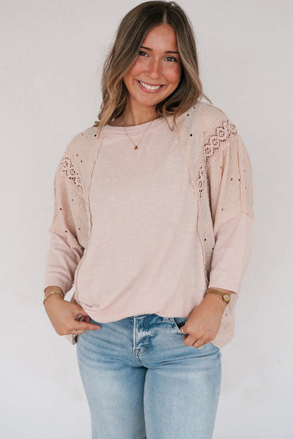 Apricot Pink Floral Lace Eyelet Patchwork Bracelet Sleeve T Shirt