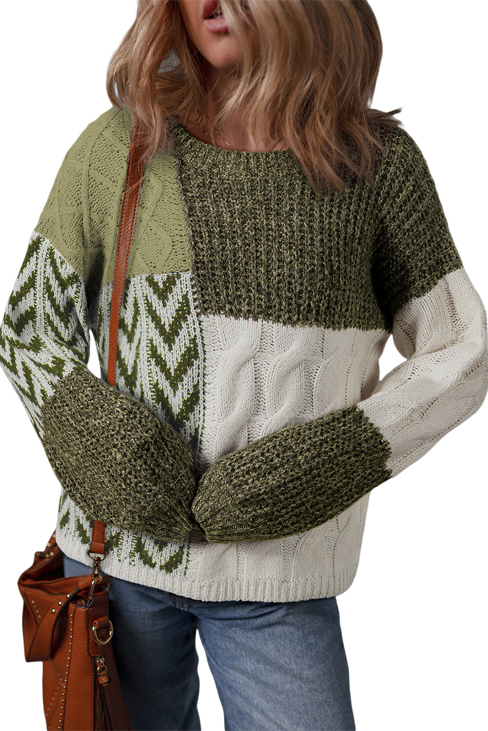Green Color Block Patchwork Knotted Back Loose Fit Sweater