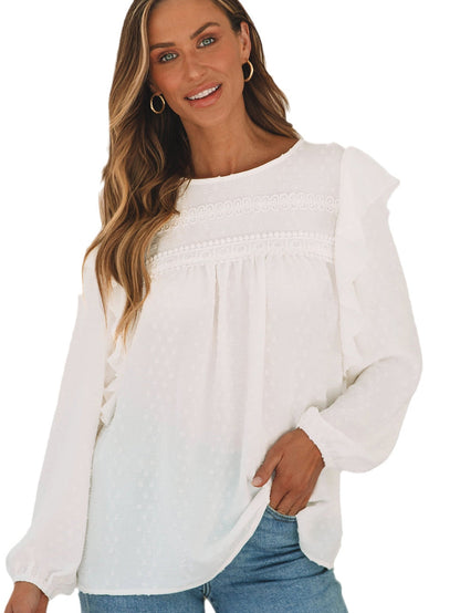 Elegant White Lace Eyelet Ruffle Sleeve Blouse
