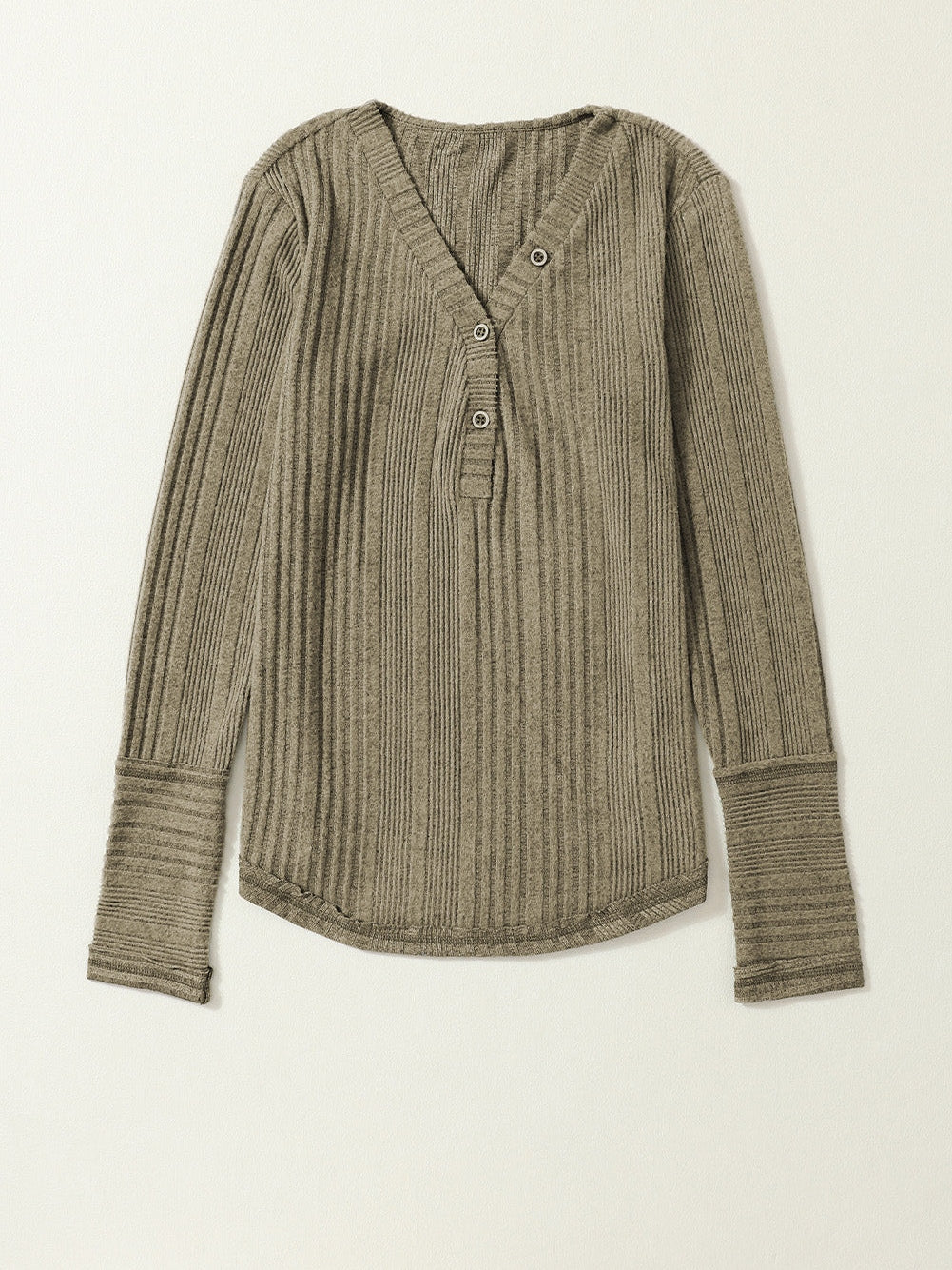 Jungle Green Ribbed Knit V-Neck Button-Up Top