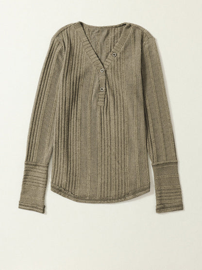 Jungle Green Ribbed Knit V-Neck Button-Up Top