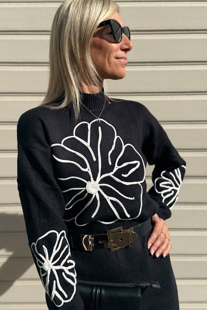 Black Floral Embroidered Mock Neck Mini Sweater Dress