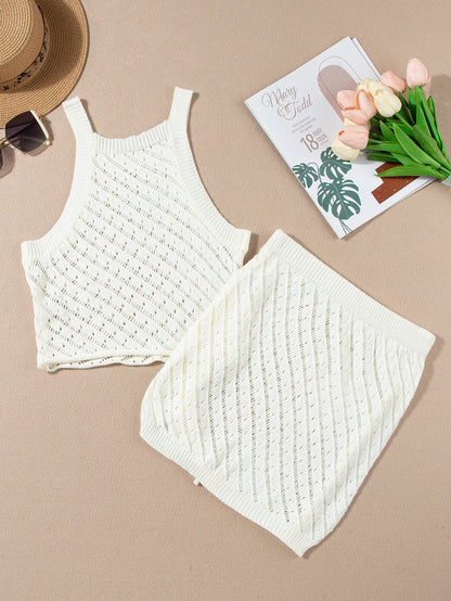 White Crochet Two-Piece Beach Dress with Drawstring Accents