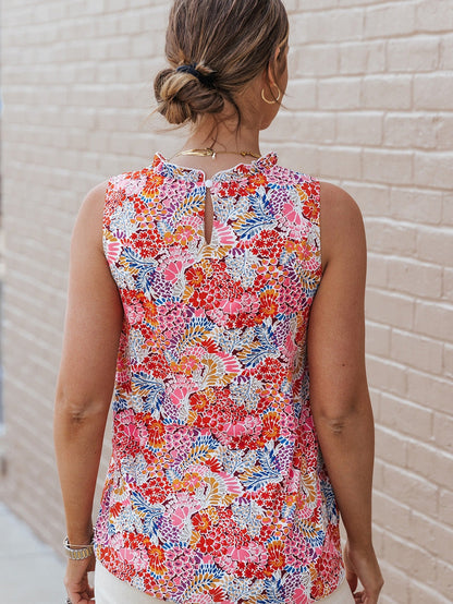 Floral Pink Sleeveless Ruffle Tank Top