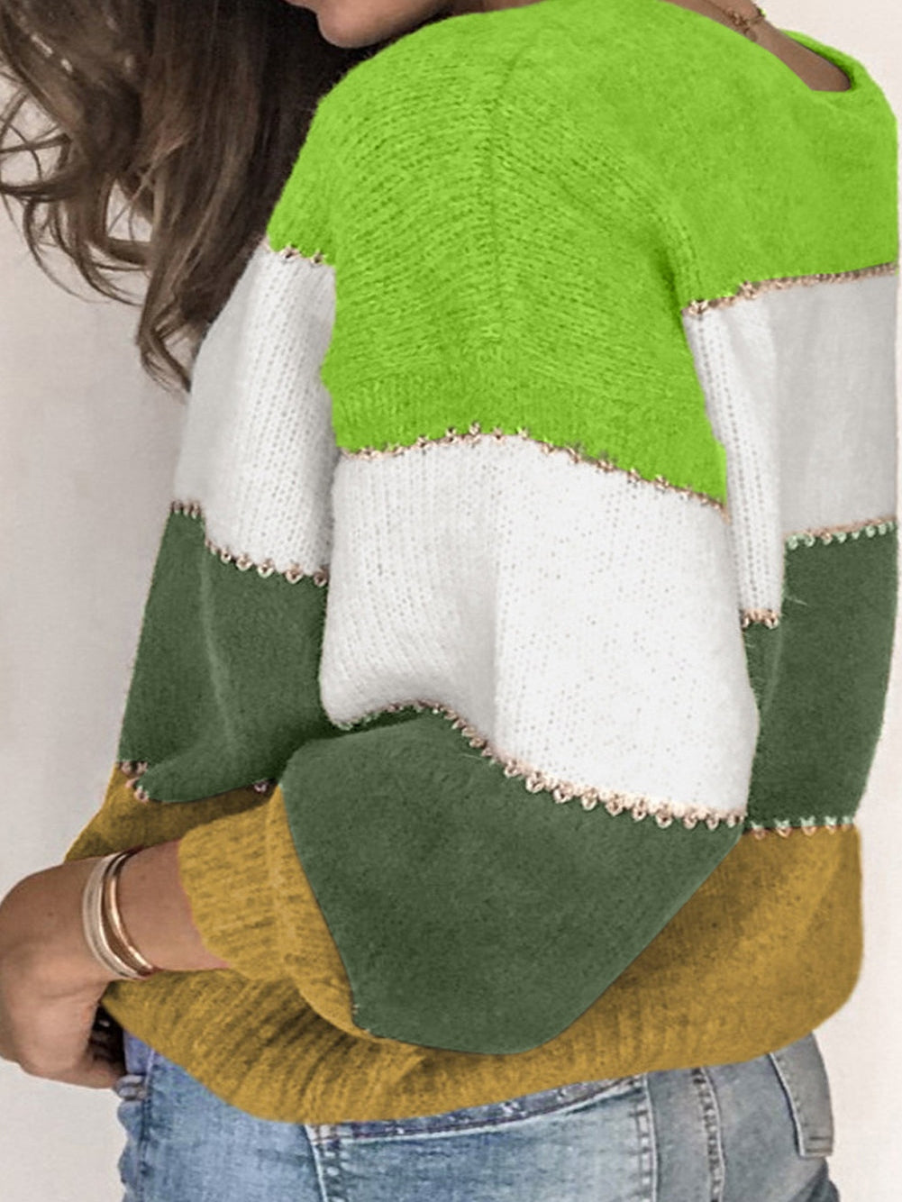Cozy Green Color Block Plus Size Knit Sweater