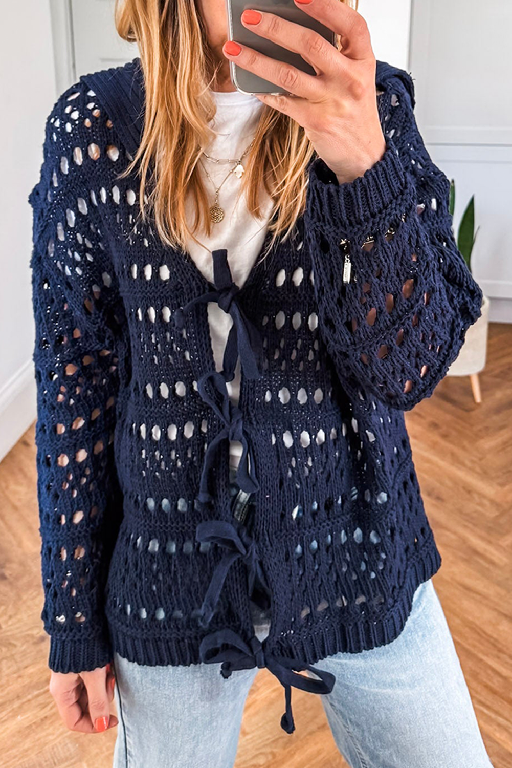 Navy Blue  Crochet Tie Front Cardigan