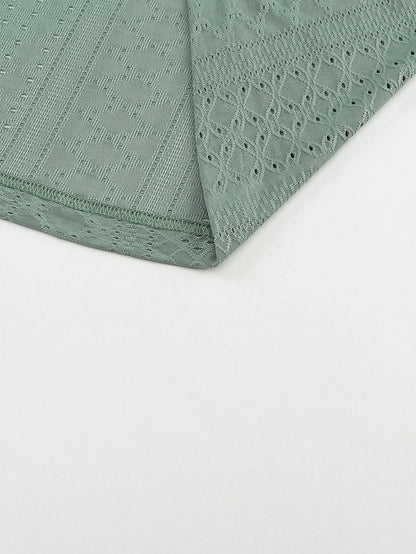 Green Eyelet Jacquard Split Neck Flounce Sleeve Plus Size Blouse