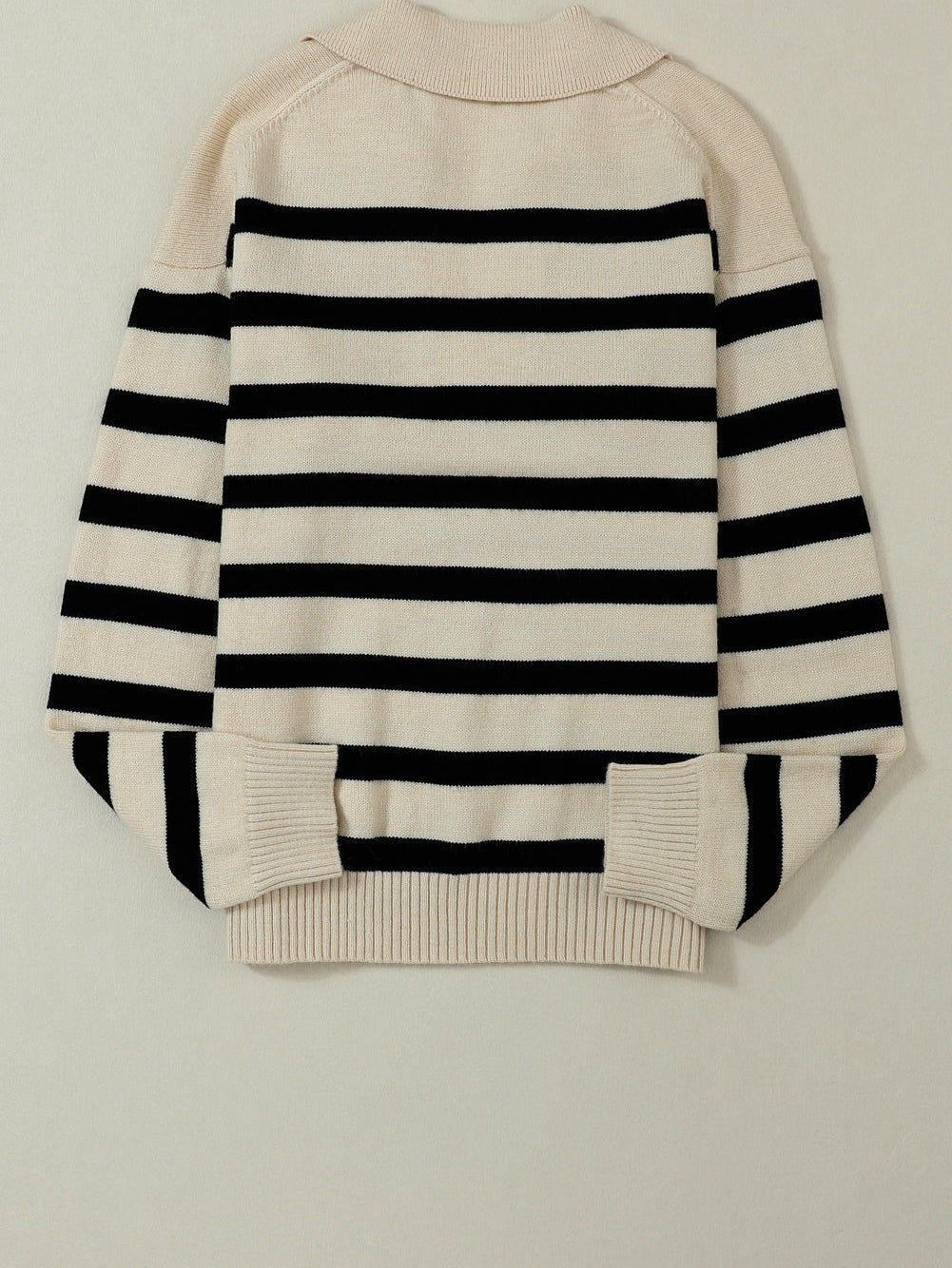 Apricot Striped Knit Collared V Neck Sweater with Drop Shoulder
