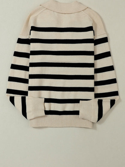 Apricot Striped Knit Collared V Neck Sweater with Drop Shoulder