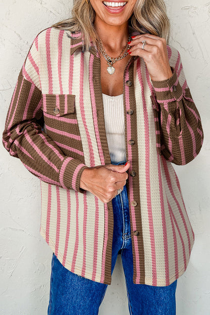 Multicolour Striped Knit Contrast Patchwork Button Flap Pocket Raw Hem Shacket