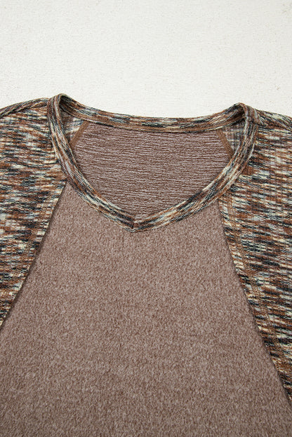 Dark Khaki Contrast Trim V Neck Long Sleeve Patchwork Loose Top