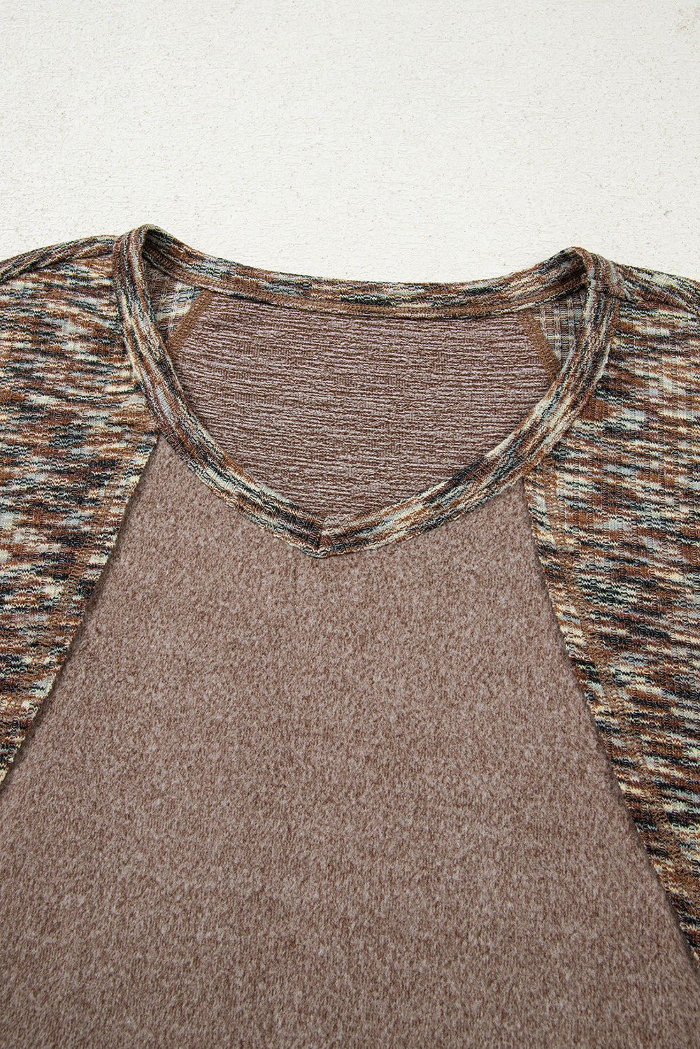 Dark Khaki Contrast Trim V Neck Long Sleeve Patchwork Loose Top