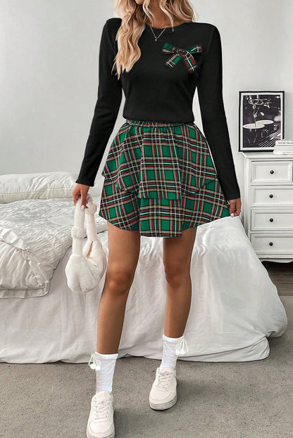 Green Long Sleeve Tee Plaid Bow Decor Ruffle Mini Skirt 2pcs Set