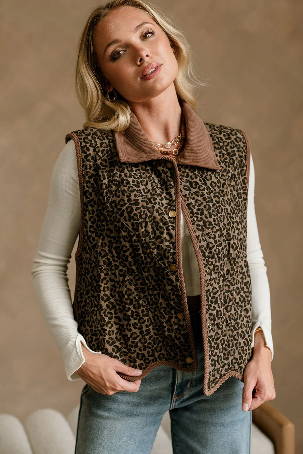 Khaki Stitched Leopard Print Corduroy Trim Contrast Collar Patchwork Vest