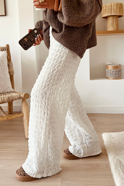 White Bubble Textured Straight High Waist Trousers