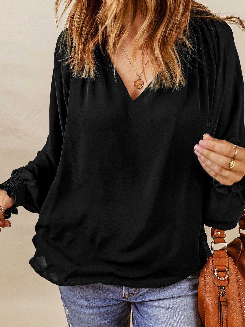 Elegant Black V-Neck Puff Sleeve Pleated Top