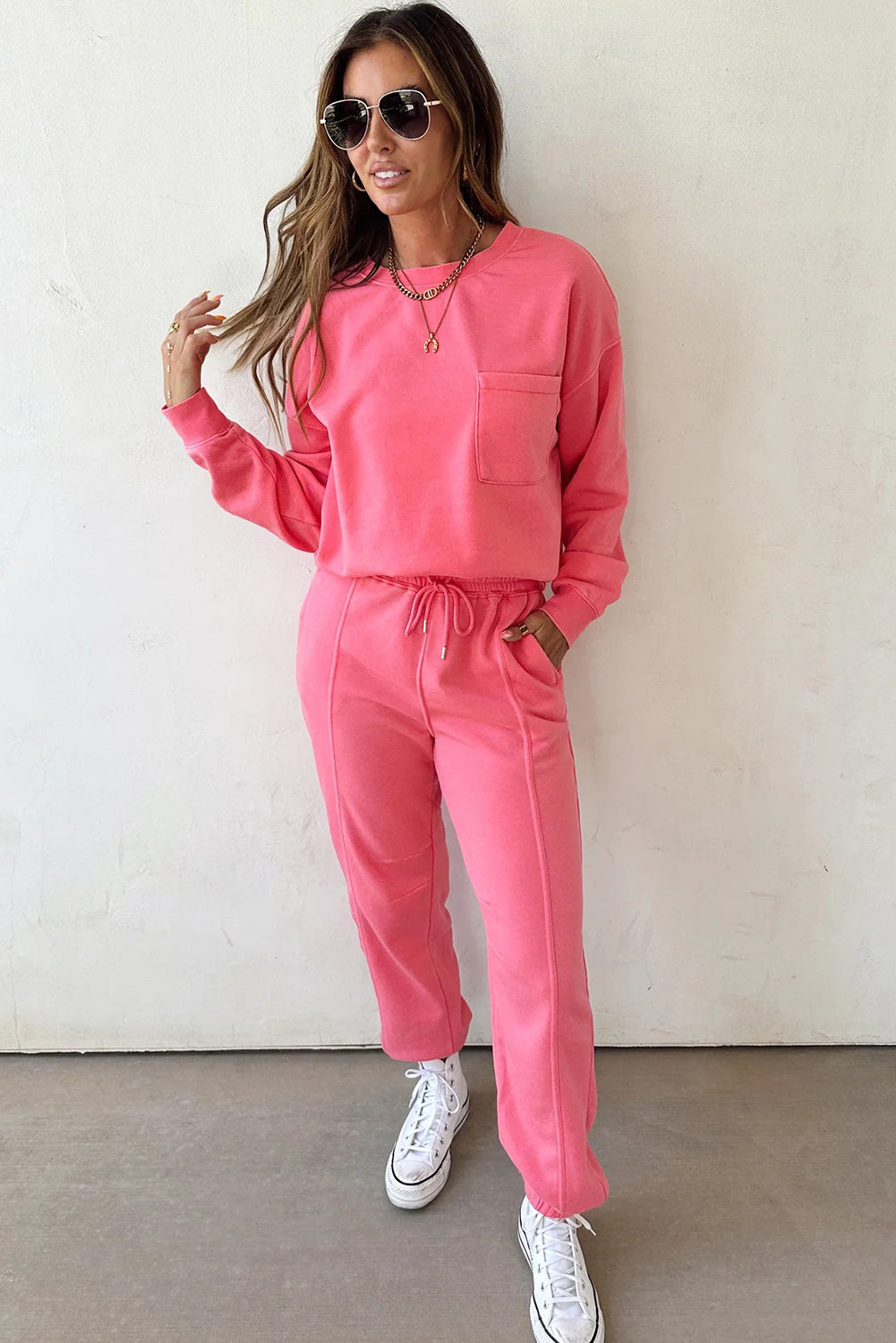 Strawberry Pink Single Chest Pocket Drop Shoulder Pullover Drawstring Jogger Pant Set