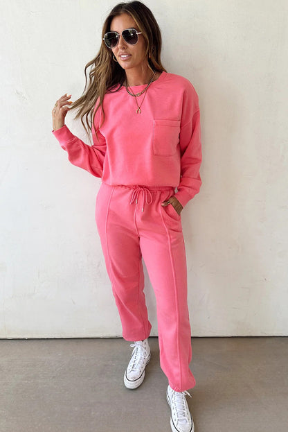 Strawberry Pink Single Chest Pocket Drop Shoulder Pullover Drawstring Jogger Pant Set