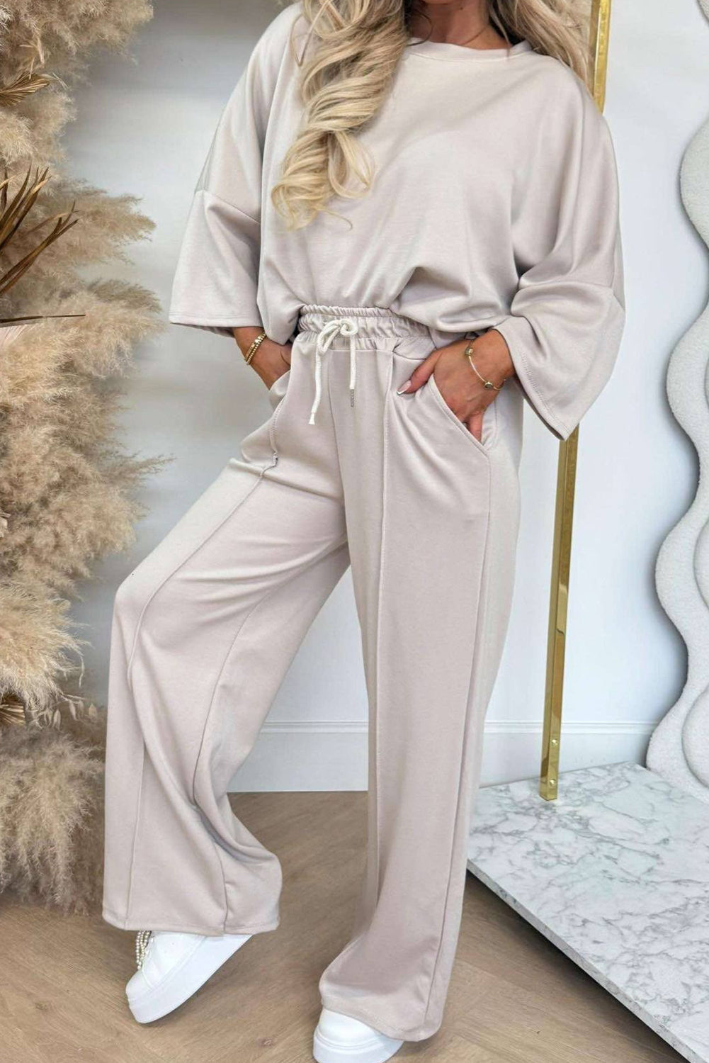 Jet Stream 3/4 Sleeve Loose Top Drawstring Wide Leg Pant Set