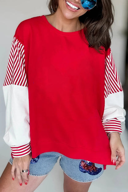 Fiery Red Striped Patchwork Sleeve Colorblock Sweatshirt