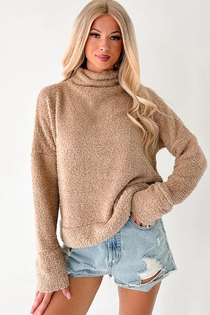 Camel High Neck Drop Shoulder Fuzzy Knit Sweater