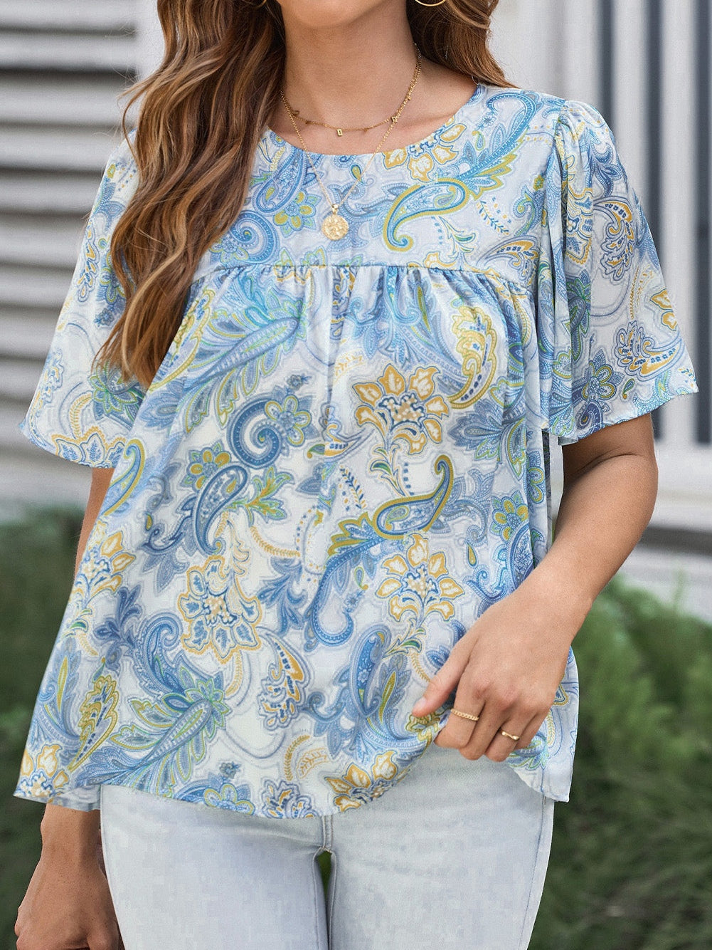 Elegant Sky Blue Paisley Pattern Flowy Blouse with Wide Sleeves