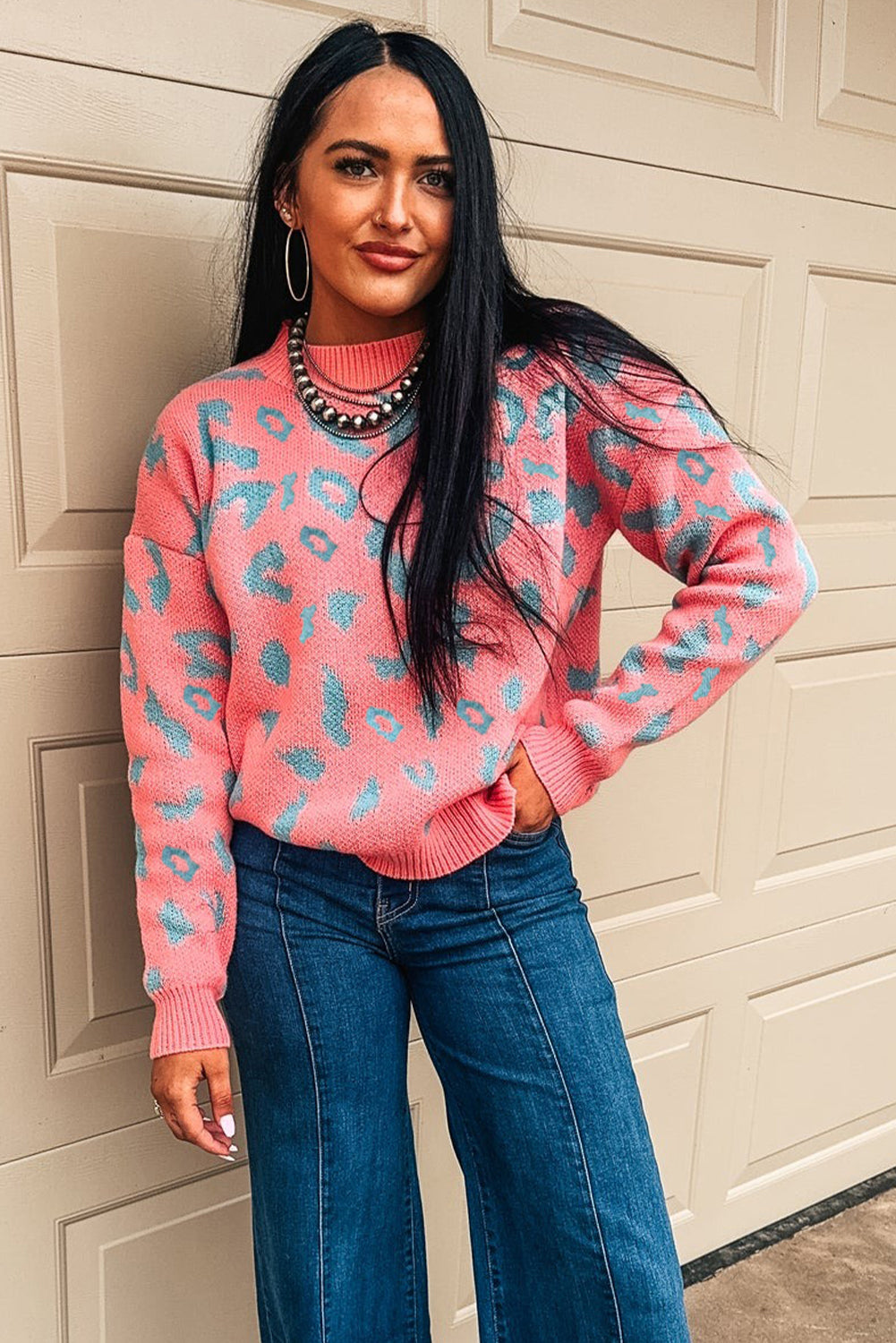 Pink Leopard Print Drop Shoulder Casual Sweater