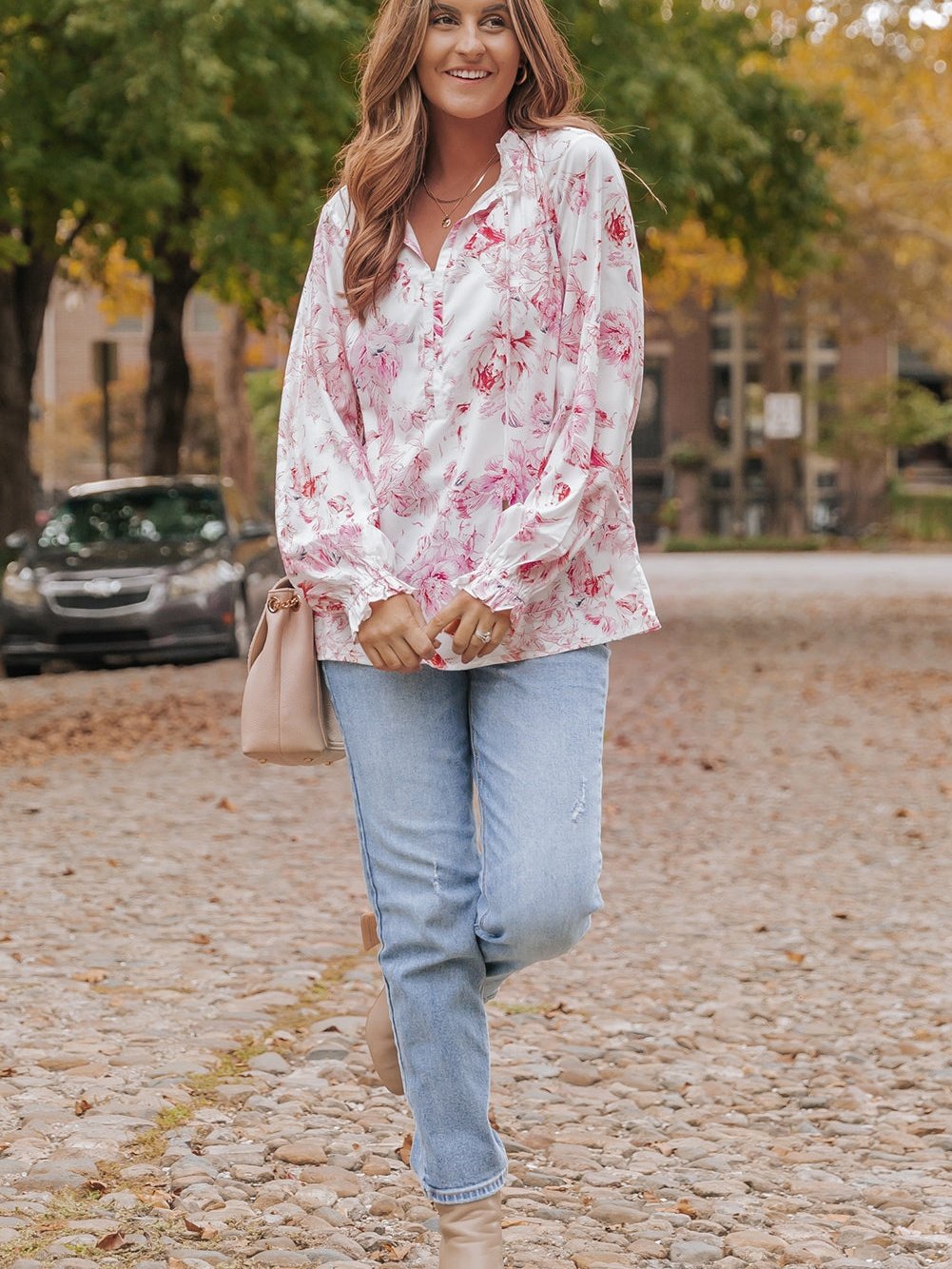 Floral Blossom V-Neck Ruffle Sleeve Blouse