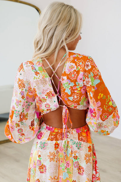 Orange Floral Patchwork Print Cut out Tied Back Bracelet Sleeve Maxi Dress