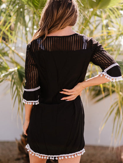 Beach Ready Black Crochet Pom Pom Trim Tunic Cover-Up