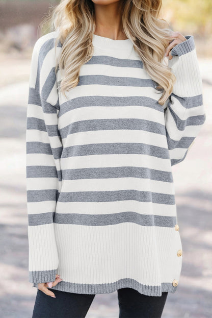 Gray Stripe Ribbed Buttoned Detail Drop Shoulder Tunic Sweater