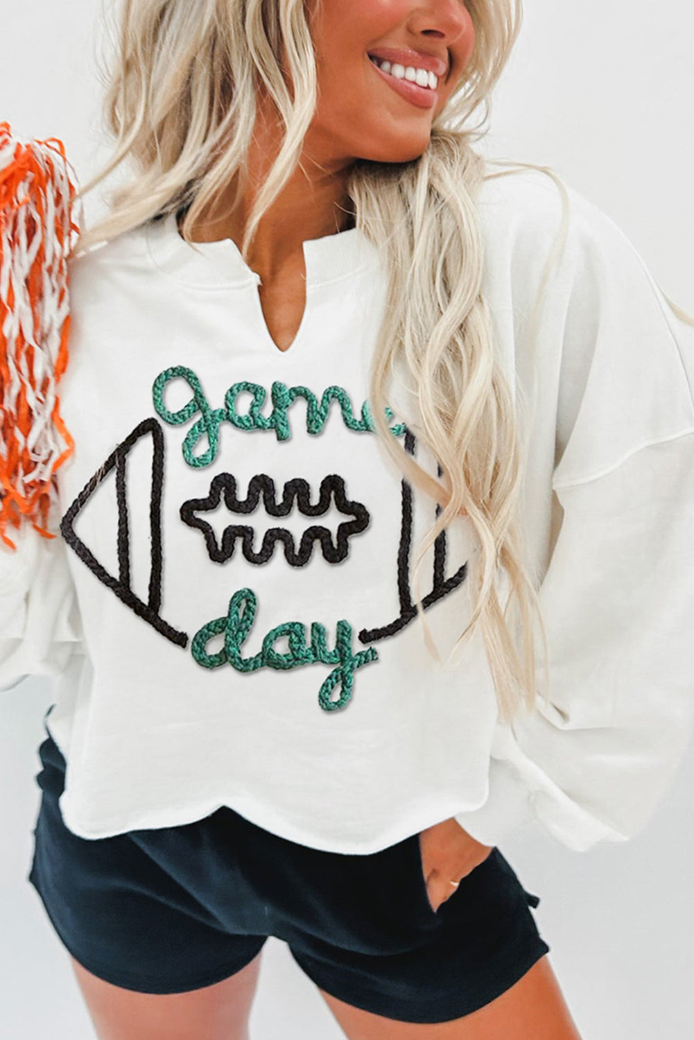 White game day Rugby/Pumpkin/Christmas Tree Corded Graphic Notched Neck Sweatshirt
