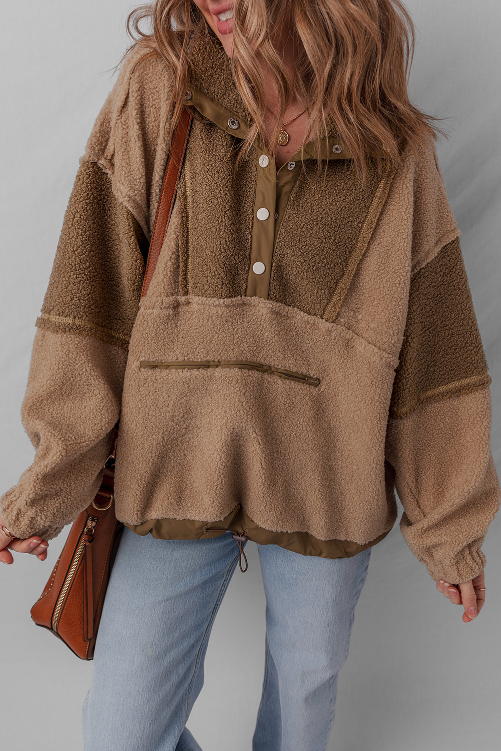 Straw Yellow 2-tone Color Block Patchwork Half Button Sherpa Sweatshirt