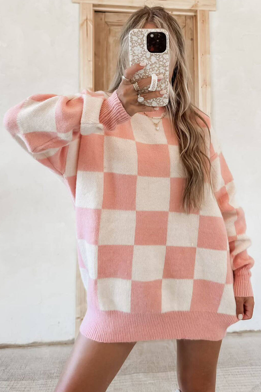 Pink Checkered Pattern Knit Drop Shoulder High Neck Sweater Dress
