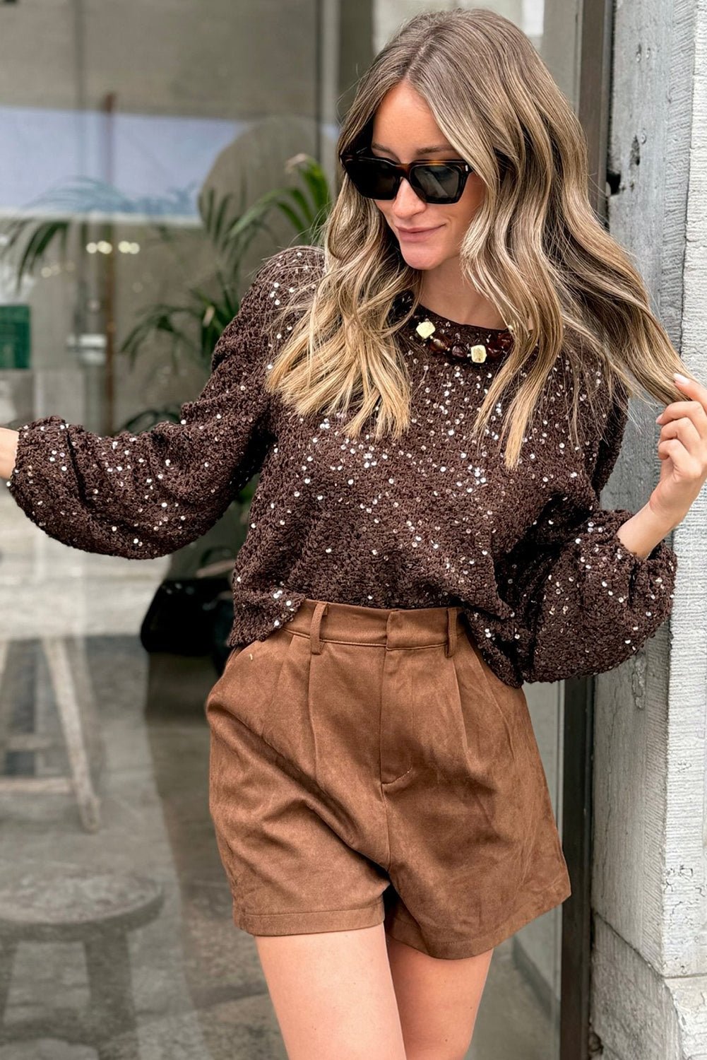Chicory Coffee Sequin Textured Puff Sleeve Top