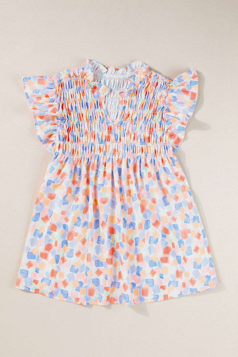 Pink Shirred Yoke Ruffled Abstract Printed Blouse