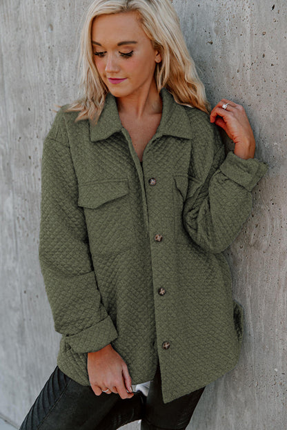 Green Vintage Quilted Flap Pocket Button Shirt Jacket