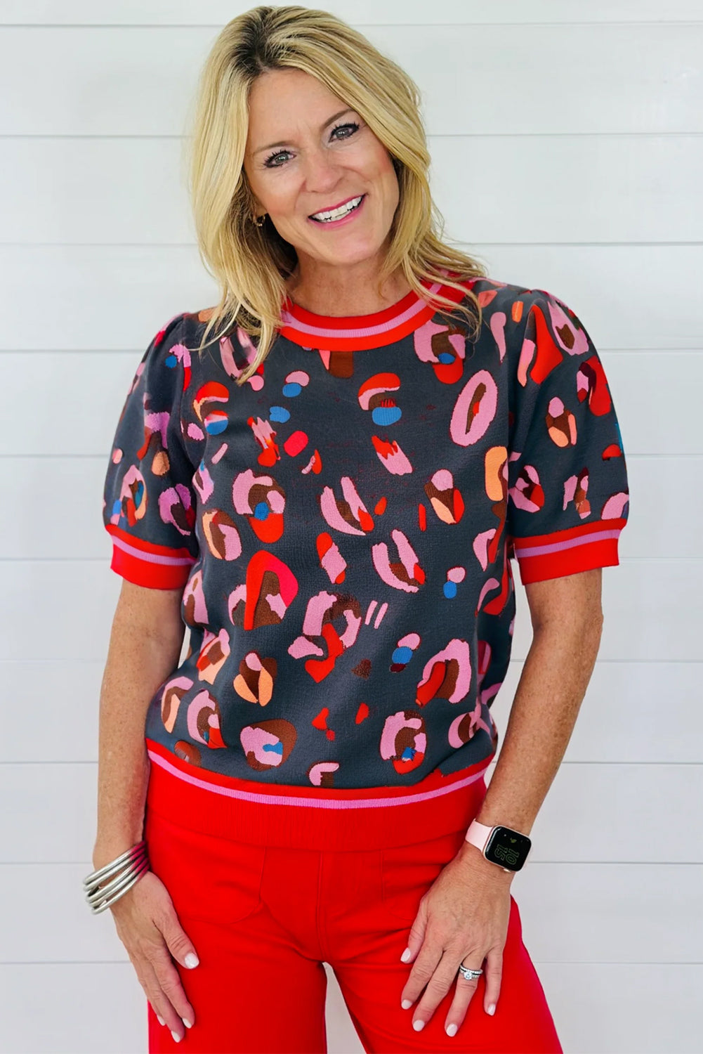 Gray Bold Leopard Print Striped Trim Round Neck Short Sleeve Sweater