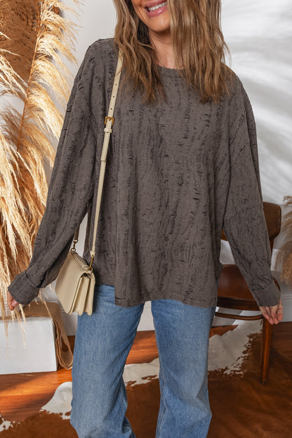 Dark Brown Distressed Drop Shoulder Loose Long Sleeve Tee