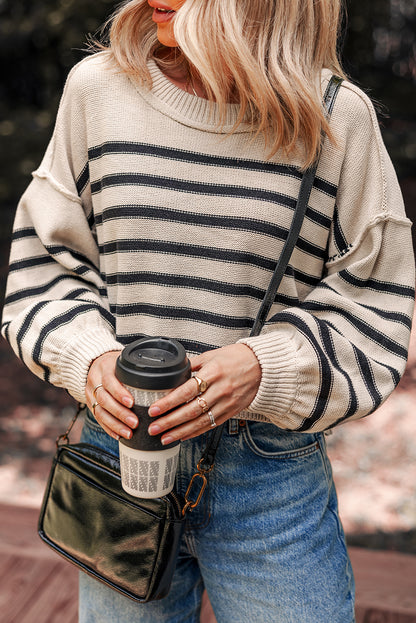 Black Stripe Ribbed Trim Drop Shoulder Puff Sleeve Sweater