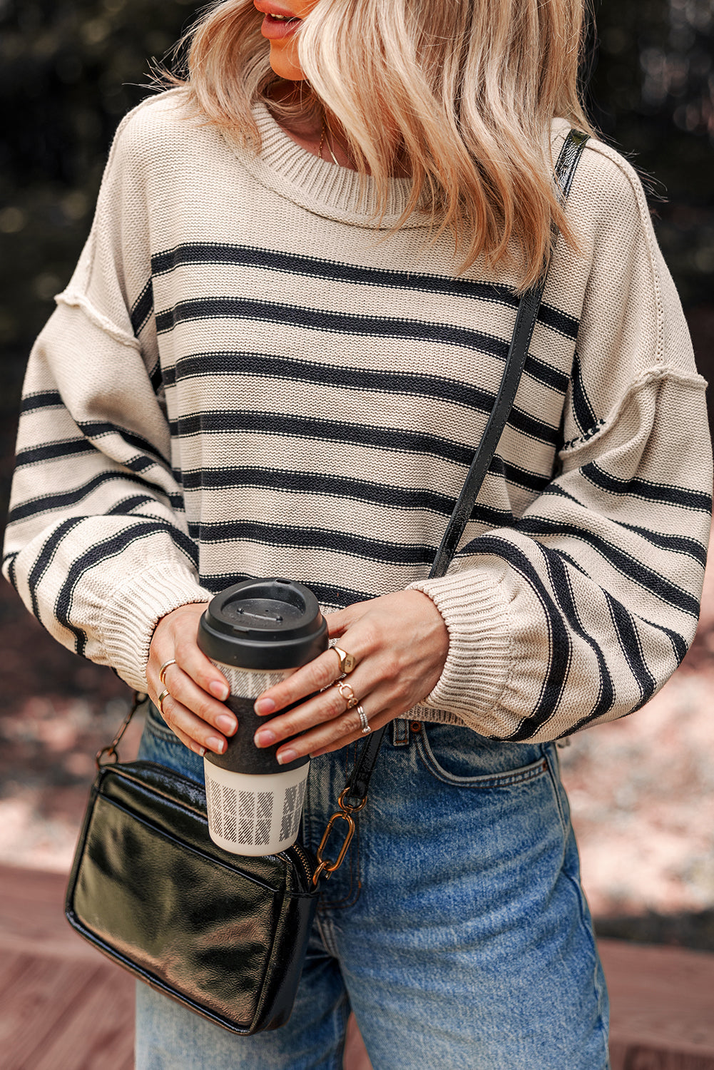Black Stripe Ribbed Trim Drop Shoulder Puff Sleeve Sweater
