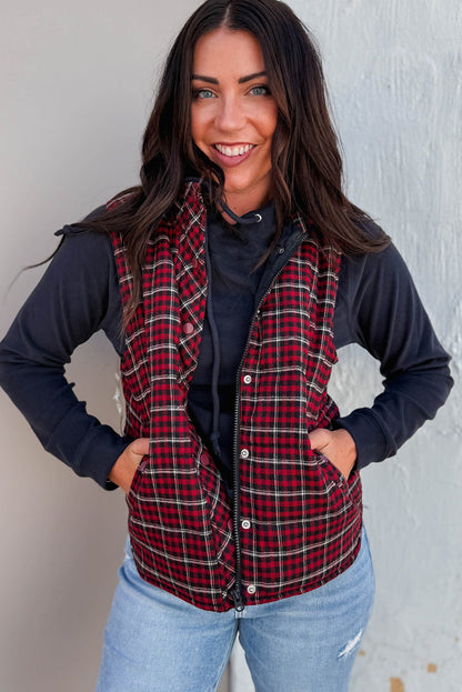 Red Retro Plaid Snap Button Zip Up Winter Vest