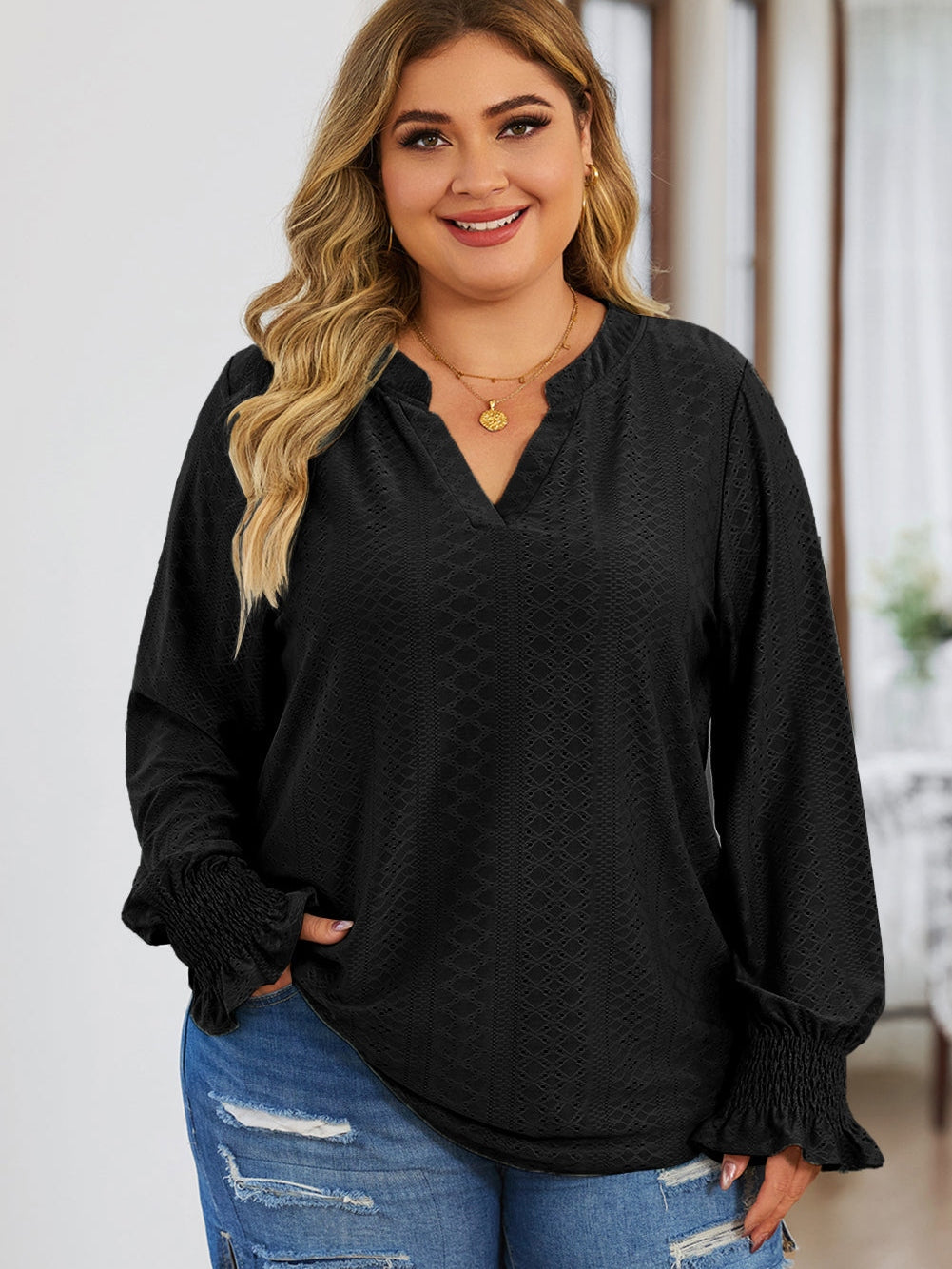 Black Eyelet Jacquard Split Neck Flounce Sleeve Plus Size Blouse