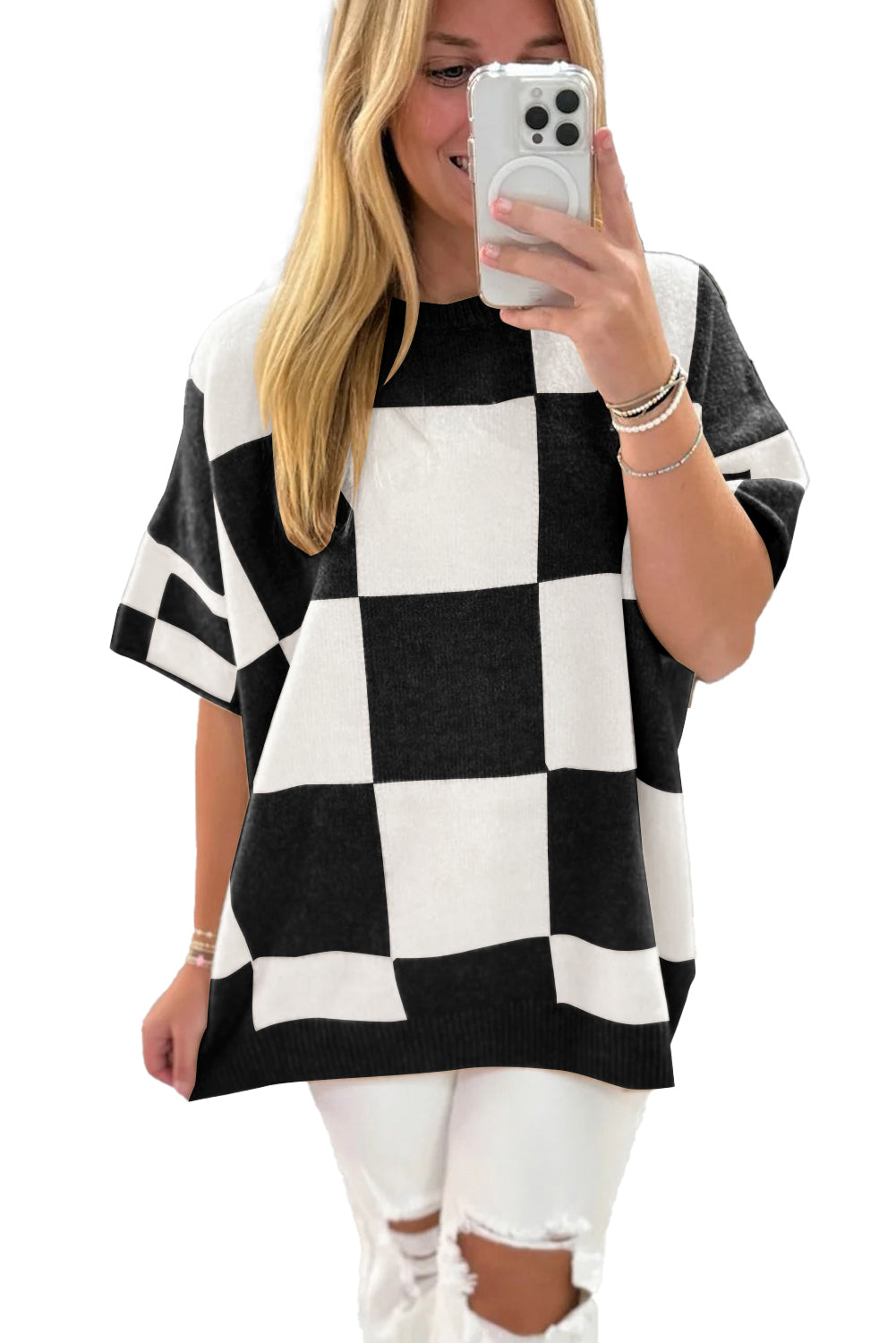 Black Checkered Pattern Loose Drop Shoulder Half Sleeve Sweater