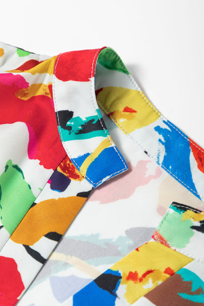 Green Abstract Print Notch Neck Bubble Sleeve Plus Dress