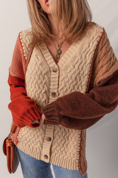 Light French Beige Color Block Mixed Texture Patchwork Button V Neck Sweater Cardigan
