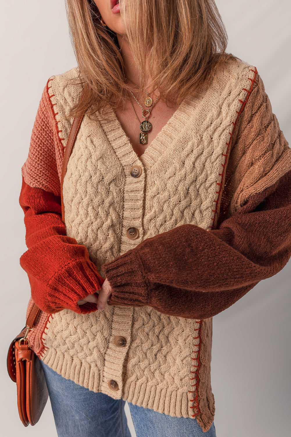 Light French Beige Color Block Mixed Texture Patchwork Button V Neck Sweater Cardigan