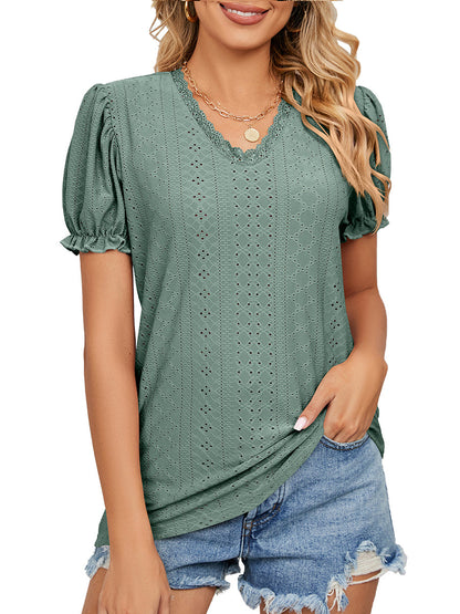 Solid Color Lace Stitching Hollow V-Neck T-Shirt