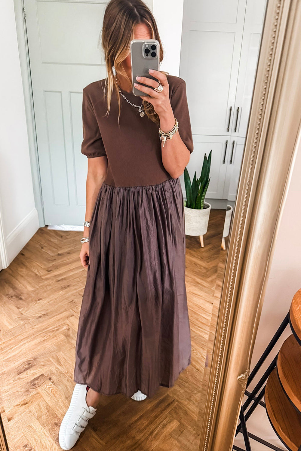 Coffee Short Sleeve Knit Top Patchwork Pleated Long Dress